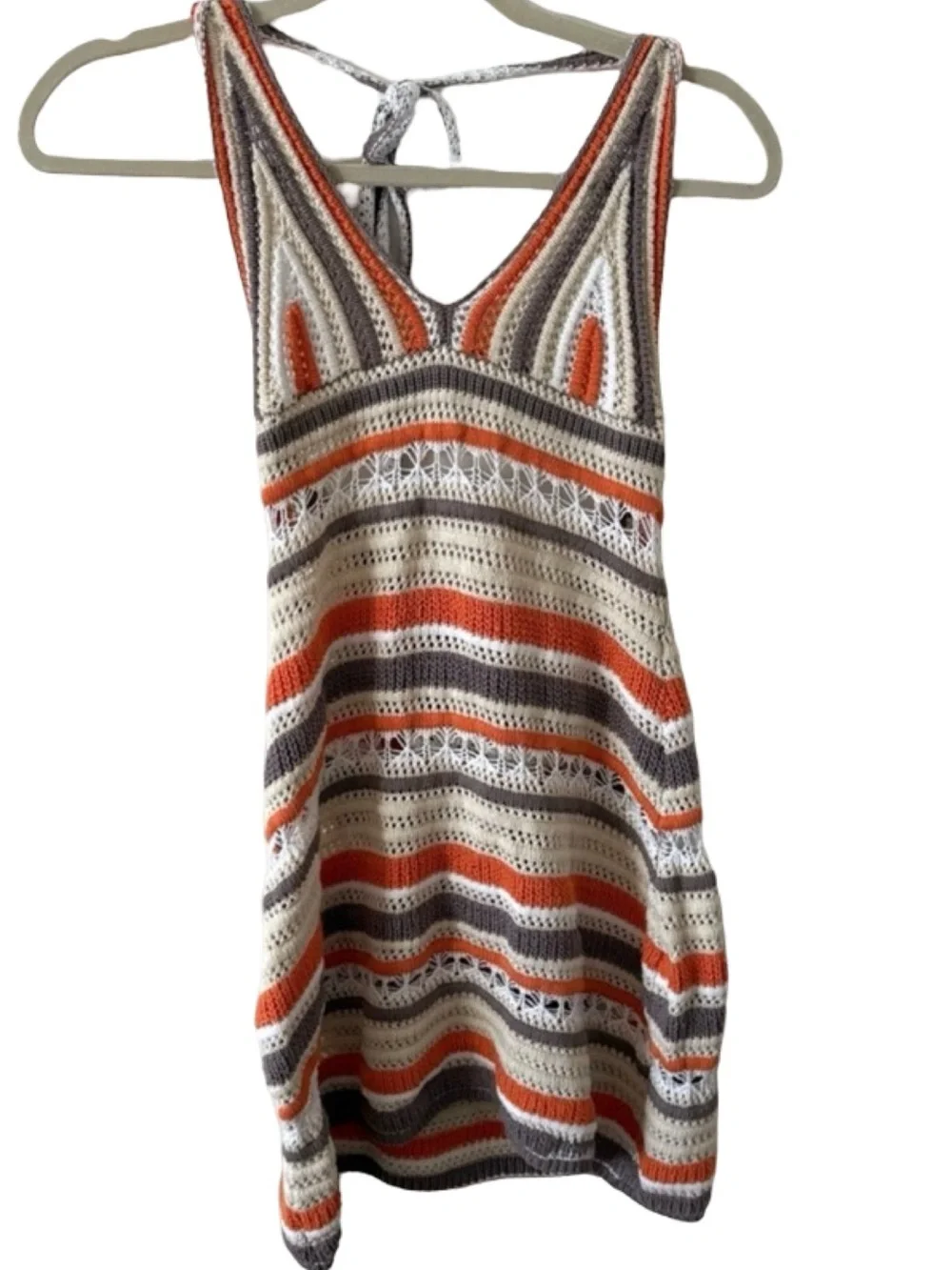 Boho Chic Crochet Halter Mini Dress | Boho Knit Orange & Tan Print | Size Small - Picture 2 of 4